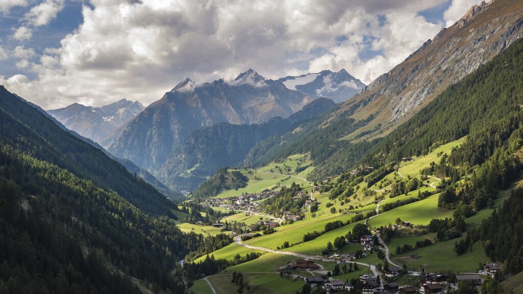 alpine, village, hiking